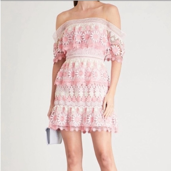 NWT Self-Portrait Dress Stripe Guipure Off-The-Shoulder Mini in Pink - Picture 2 of 8
